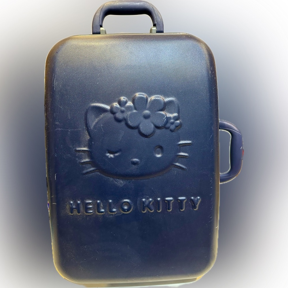 VTG RARE 2001 NAVY HELLO KITTY SANRIO HARD SHELL TRAVEL BAG SUITCASE LUGGAGE 21”